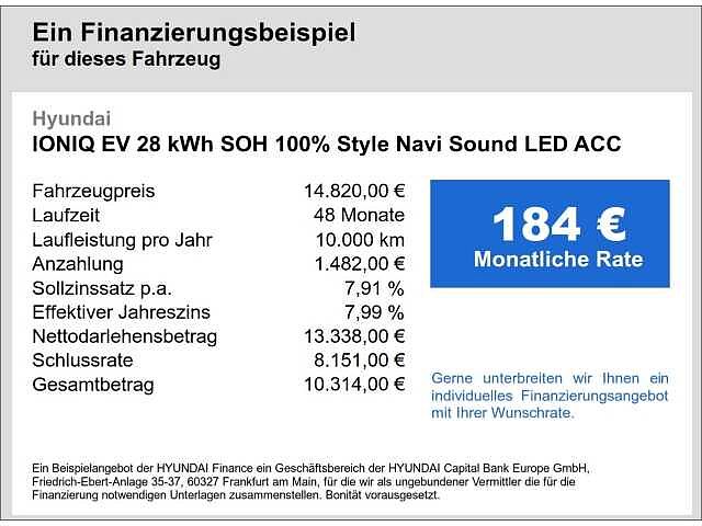 Hyundai IONIQ Elektro EV 28 kWh SOH 100% Style Navi Sound LED ACC Apple CarPlay