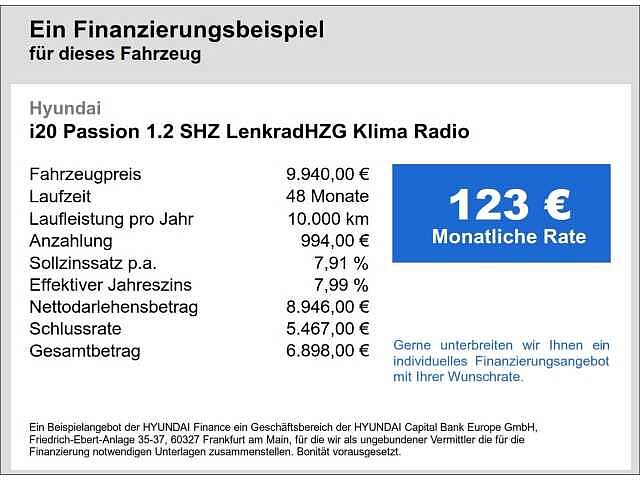 Hyundai i20 Passion 1.2 SHZ LenkradHZG Klima Radio